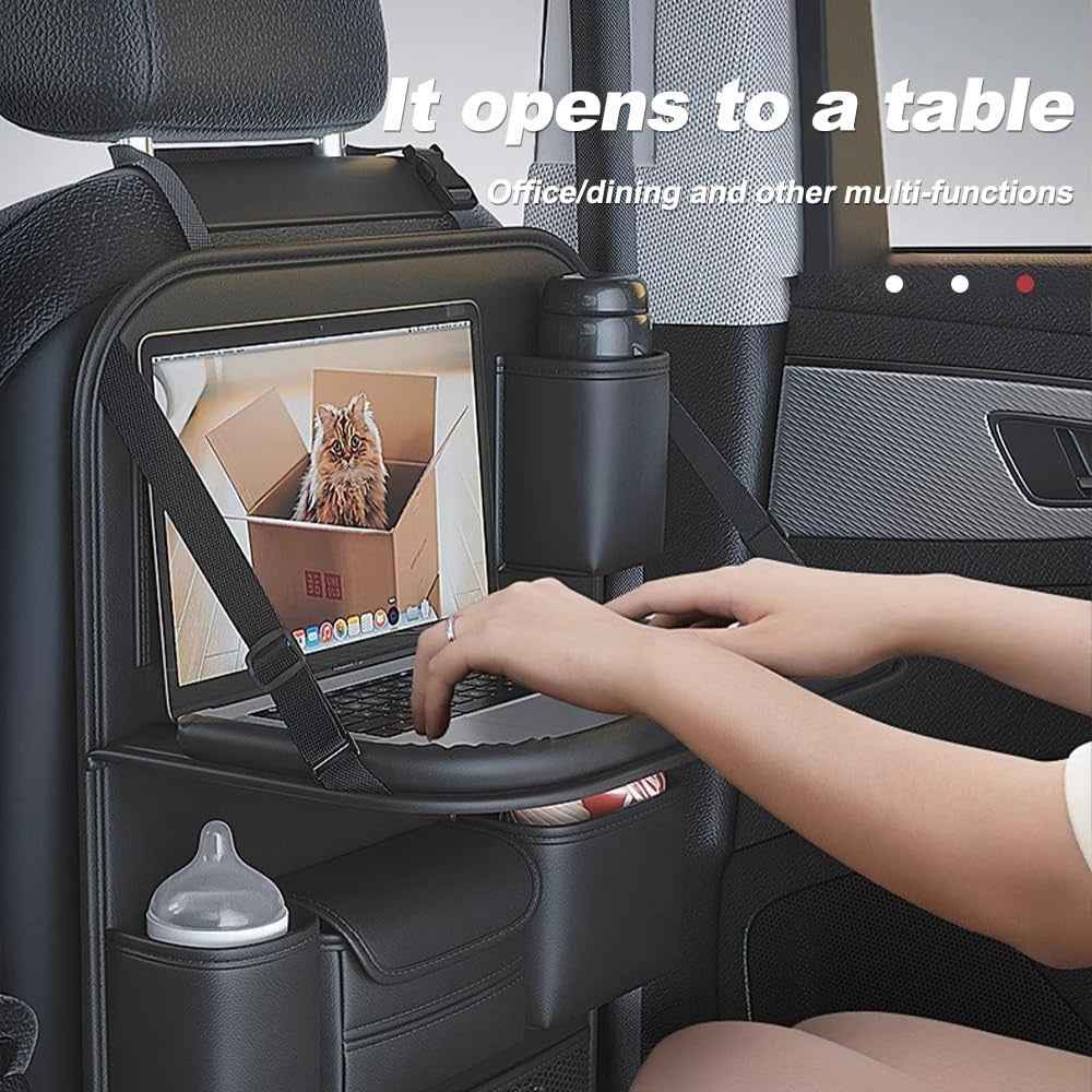 Nappa Texture PU Leather Car Backseat Storage Bag Multi Pocket Seat Organizer with Folding Tray - Black