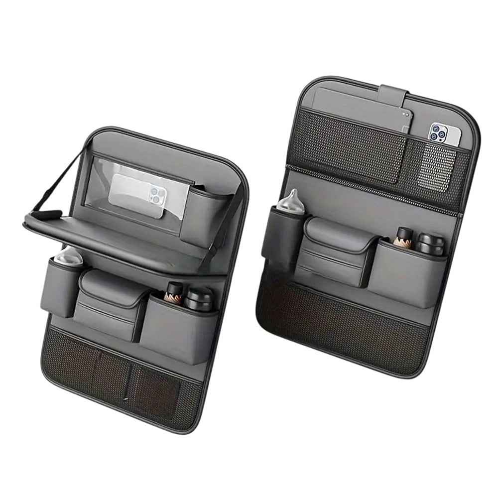 Nappa Texture PU Leather Car Backseat Storage Bag Multi Pocket Seat Organizer with Folding Tray - Grey