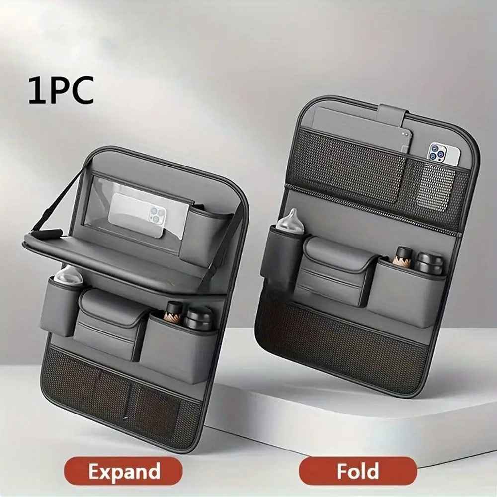 Nappa Texture PU Leather Car Backseat Storage Bag Multi Pocket Seat Organizer with Folding Tray - Grey