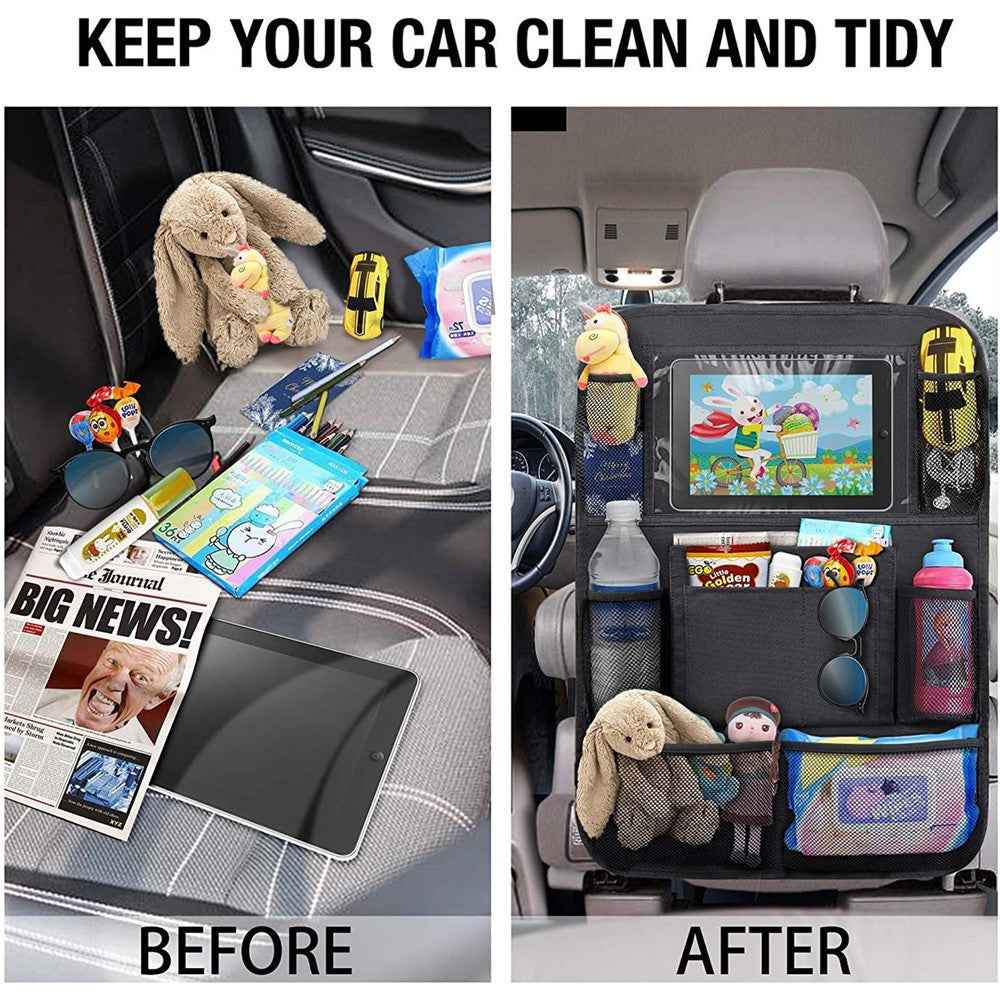 Car Seat Back Storage Bag Waterproof 600D Oxford Fabric Organizer Pouch with Transparent Pocket for iPad