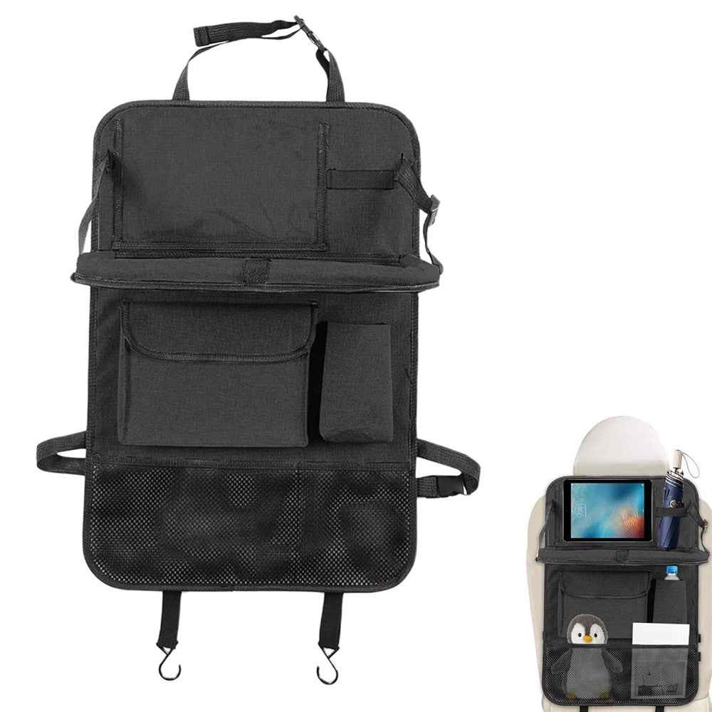 Universal Car Seat Back Organizer Oxford Fabric Multi-Pocket Storage Bag with Folding Tray - Black