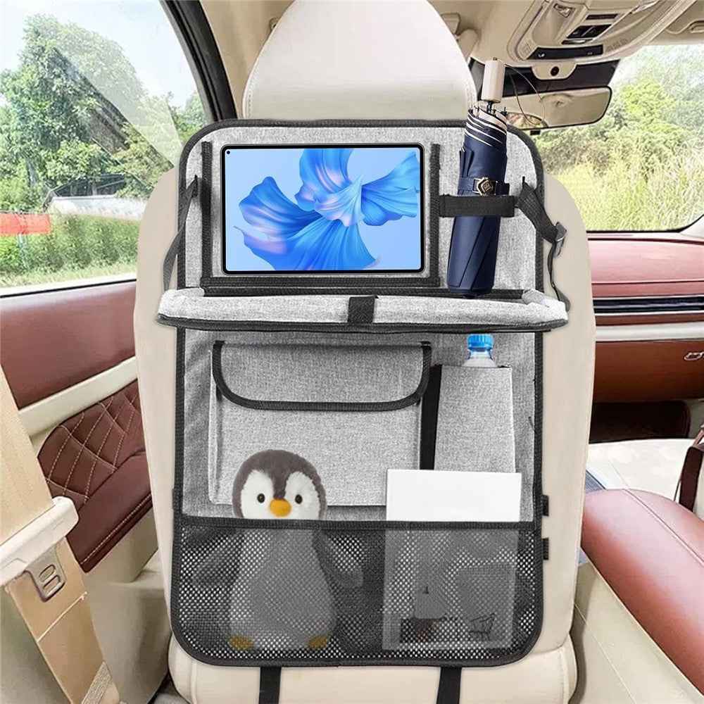 Universal Car Seat Back Organizer Oxford Fabric Multi-Pocket Storage Bag with Folding Tray - Black