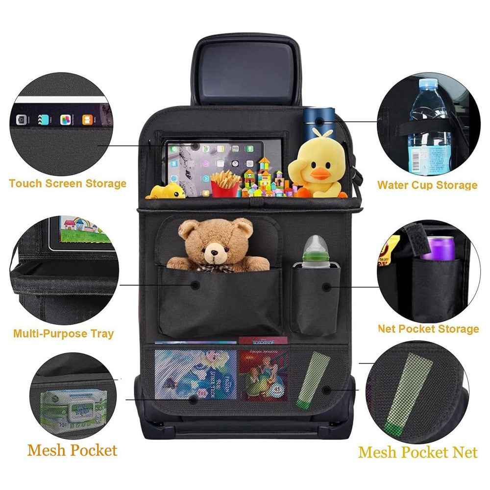 Universal Car Seat Back Organizer Oxford Fabric Multi-Pocket Storage Bag with Folding Tray - Grey