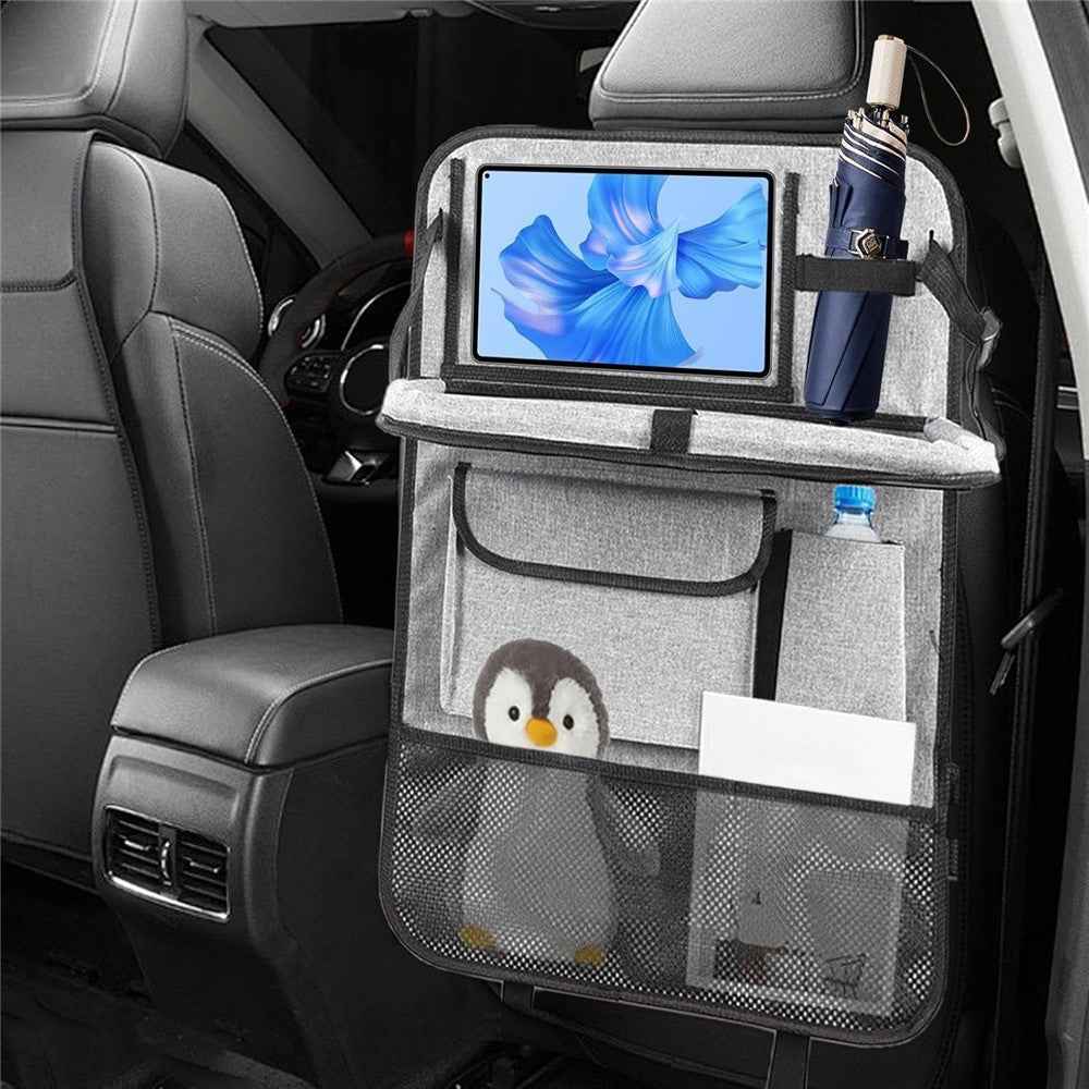 Universal Car Seat Back Organizer Oxford Fabric Multi-Pocket Storage Bag with Folding Tray - Grey