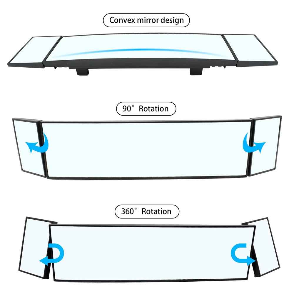 SD-2411 High Definition Glass Universal Tri-Fold Car Rearview Mirror Wide Angle Curved Mirror