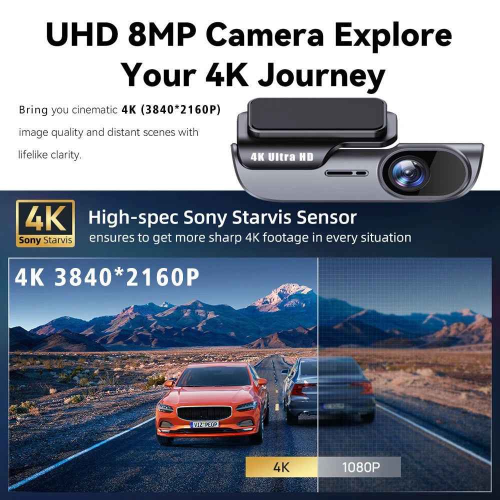 K05 4K Dash Cam WiFi HD Night Vision Car DVR Parking Monitor with Time Lapse Recording, Cigarette Lighter Power