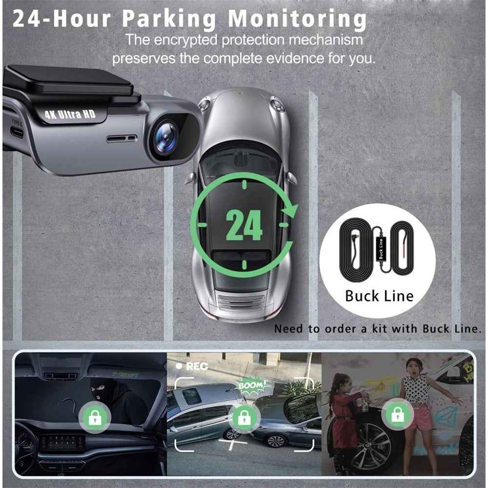 K05 4K Dash Cam WiFi HD Night Vision Car DVR Parking Monitor with Time Lapse Recording, Cigarette Lighter Power