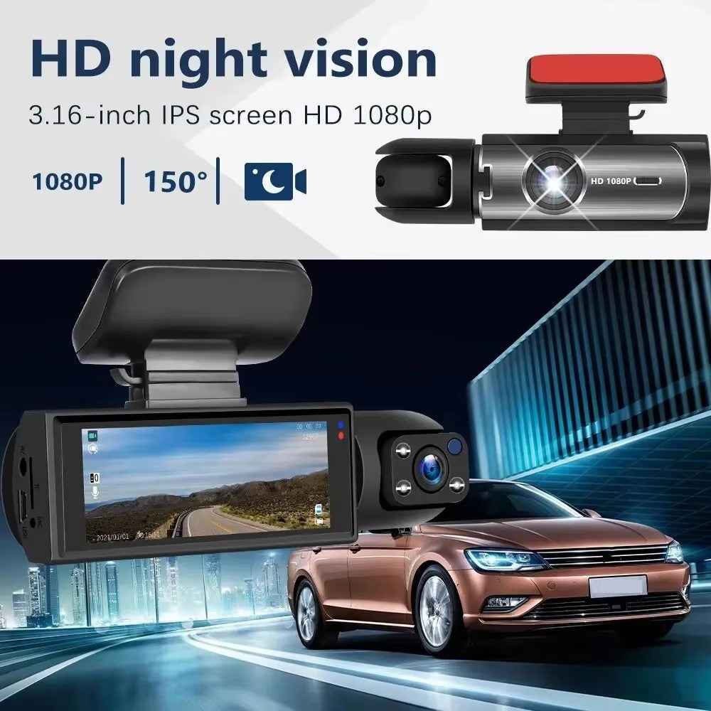3.16 Inch IPS Screen Dual Lens Dash Cam Front and Inside Recording HD Night Vision Wide Angle Reversing Image Monitor