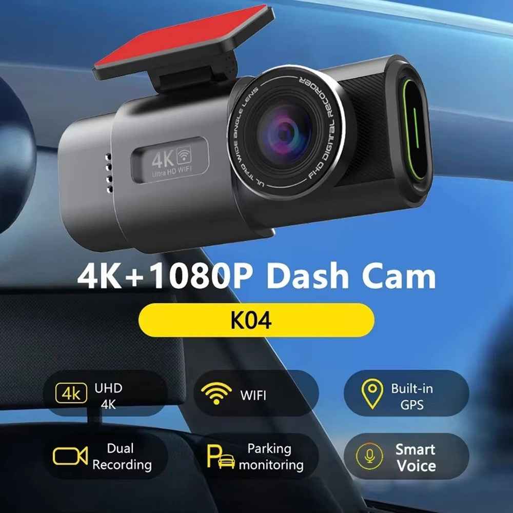 4K + 1080P Dual Lens Dash Cam Ultra Wide Angle Night Vision Front and Rear WiFi Recorder, Car Charger Version
