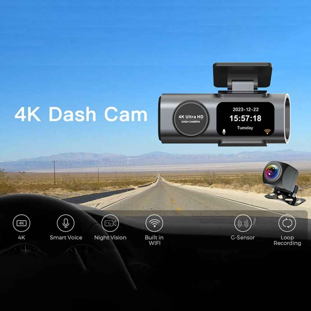 4K + 1080P Dual Lens Dash Cam Ultra Wide Angle Night Vision Front and Rear WiFi Recorder, Car Charger Version