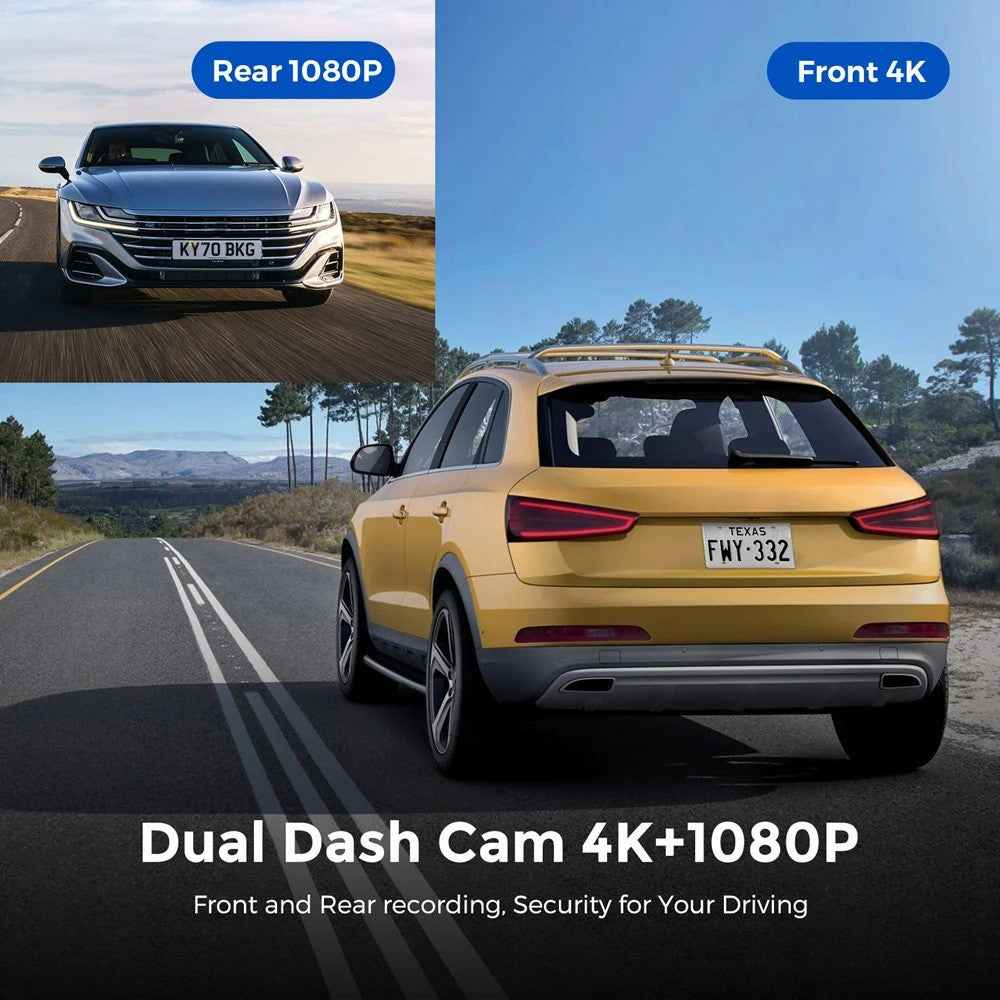 4K + 1080P Dual Lens Dash Cam Ultra Wide Angle Night Vision Front and Rear WiFi Recorder, Car Charger Version