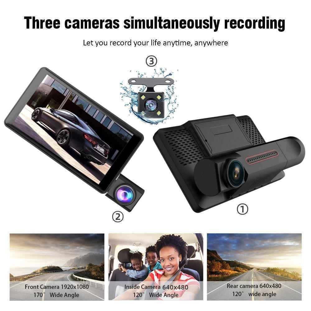 Triple Lnes Car Dash Cam 4 Inch IPS Screen 1080P Front and Rear Camera with Loop Recording