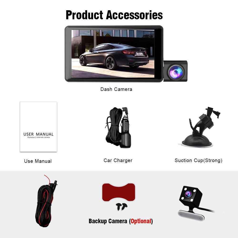 Triple Lnes Car Dash Cam 4 Inch IPS Screen 1080P Front and Rear Camera with Loop Recording