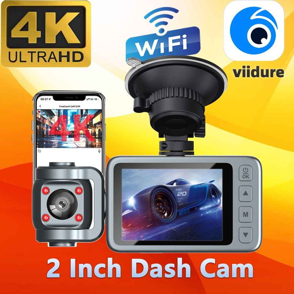 4K Dual Lens Dash Cam Night Vision WiFi Car DVR Front and Inside Camera Recorder with 360 Degree Rotatable Lens