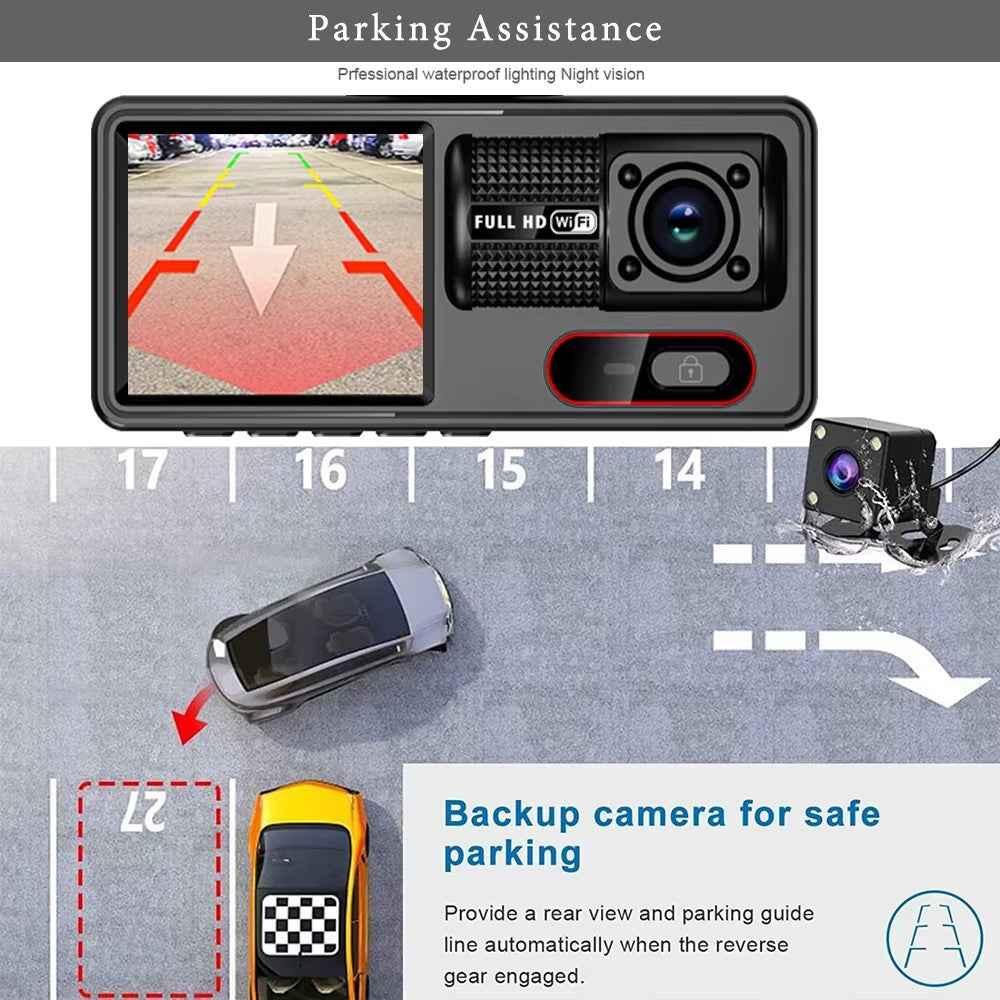 HD 1080P Triple Channel Dash Cam Loop Recording WiFi Infrared Night Vision Car DVR