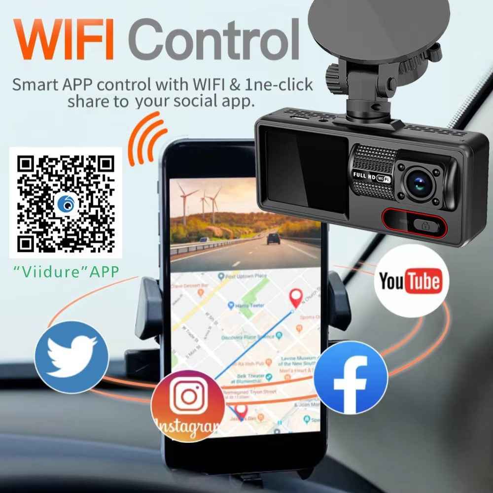 HD 1080P Triple Channel Dash Cam Loop Recording WiFi Infrared Night Vision Car DVR
