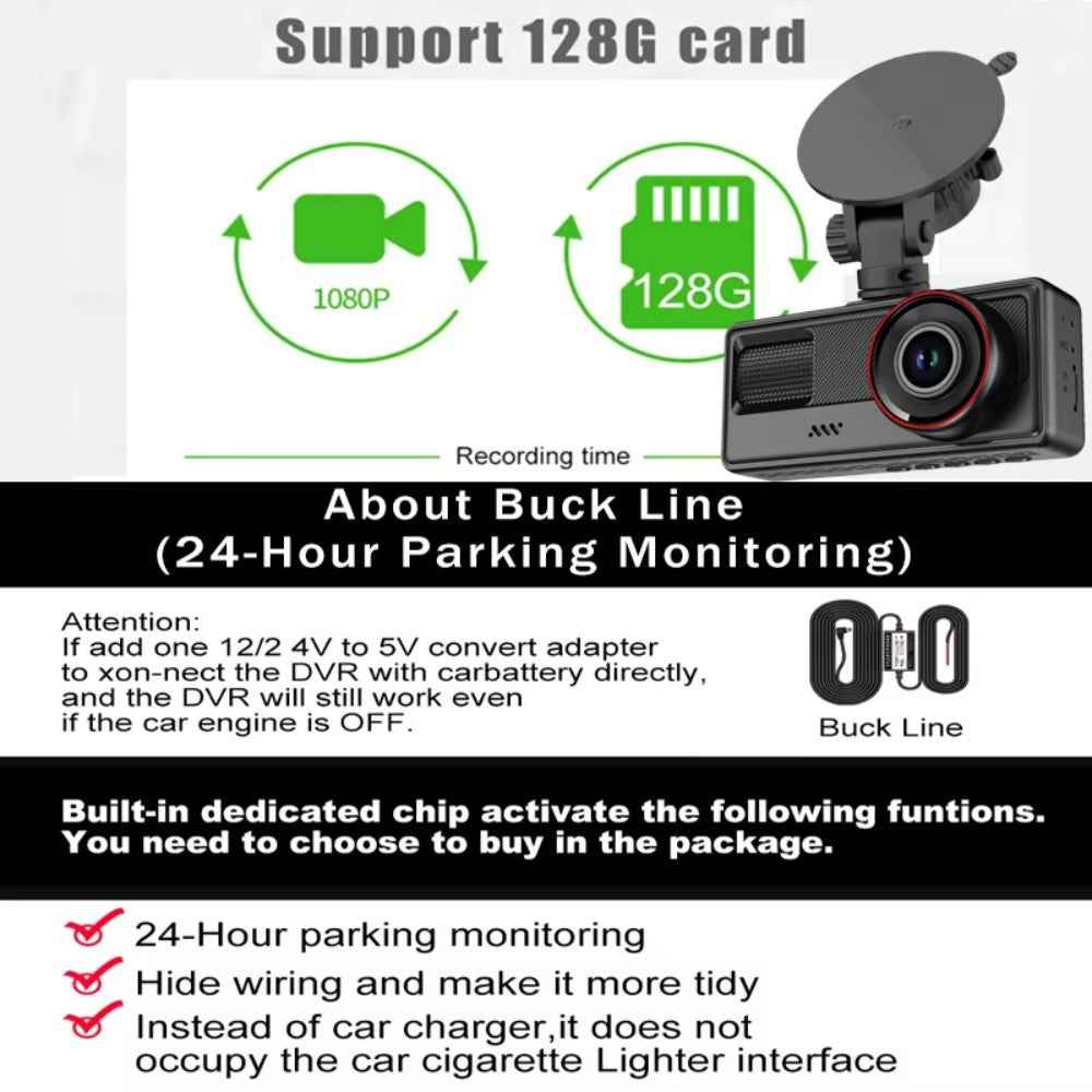 HD 1080P Triple Channel Dash Cam Loop Recording WiFi Infrared Night Vision Car DVR