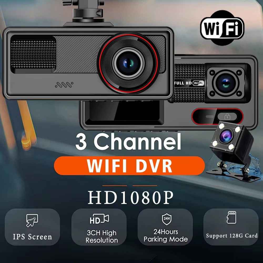 HD 1080P Triple Channel Dash Cam Loop Recording WiFi Infrared Night Vision Car DVR