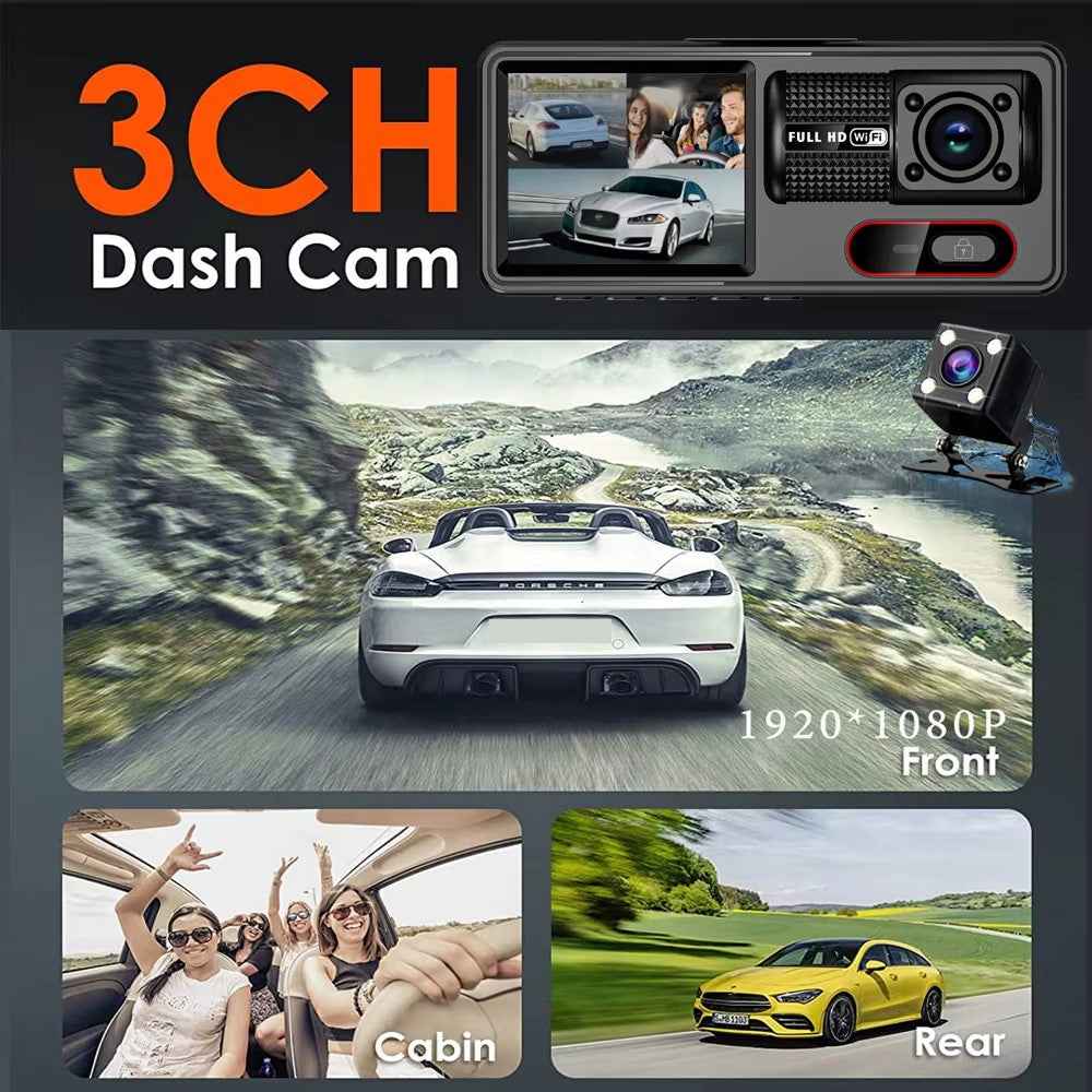 HD 1080P Triple Channel Dash Cam Loop Recording WiFi Infrared Night Vision Car DVR