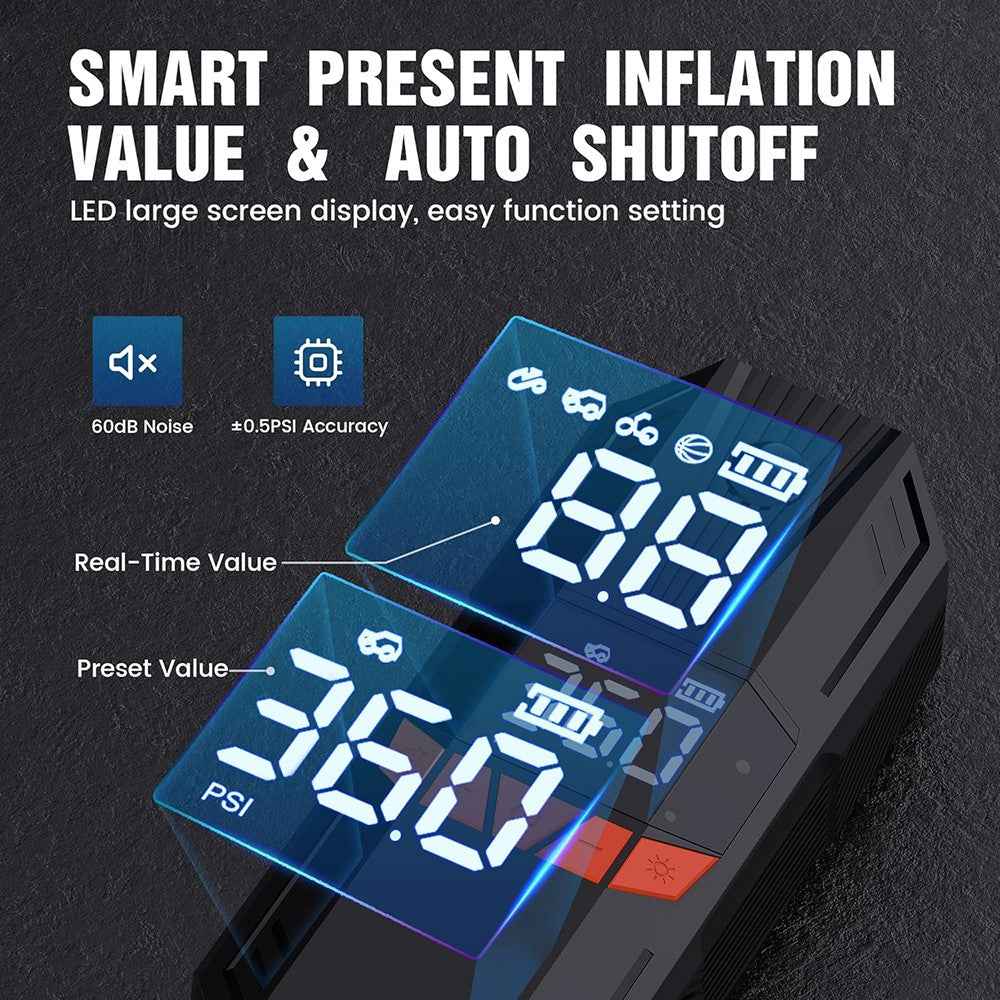 P104 Portable Air Pump Digital Display Wireless Tire Inflator with LED Light for Motorcycle / Electric Bike / Basketball