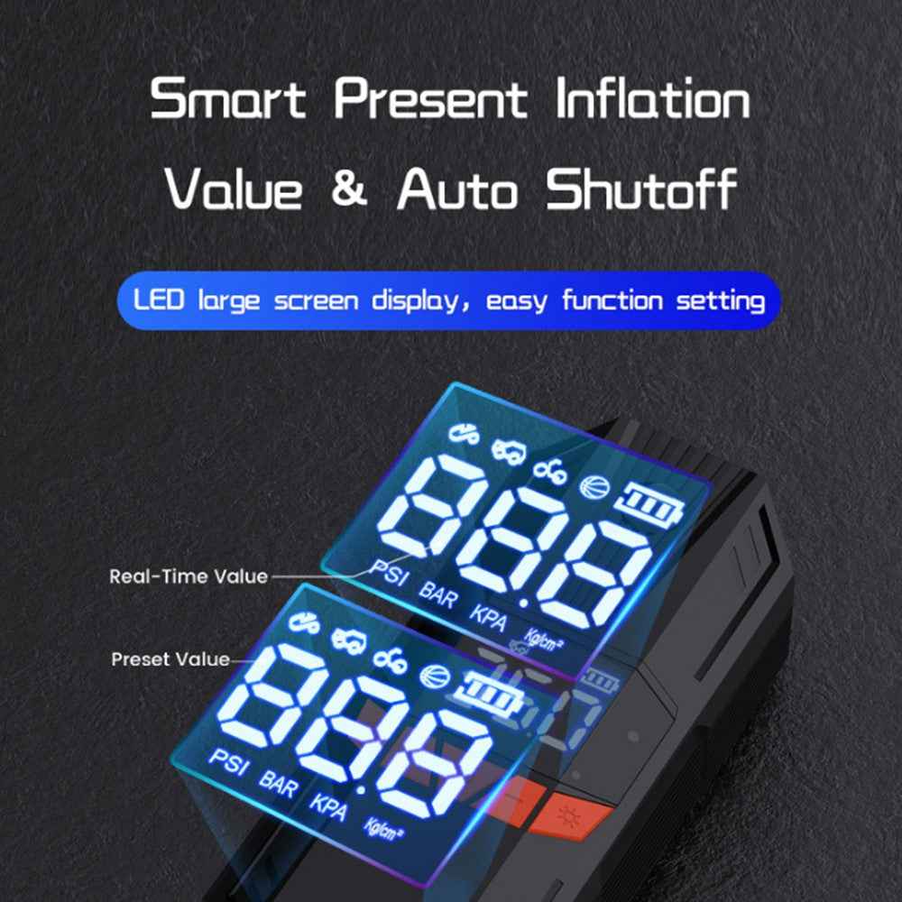 P104 Portable Air Pump Digital Display Wireless Tire Inflator with LED Light for Motorcycle / Electric Bike / Basketball