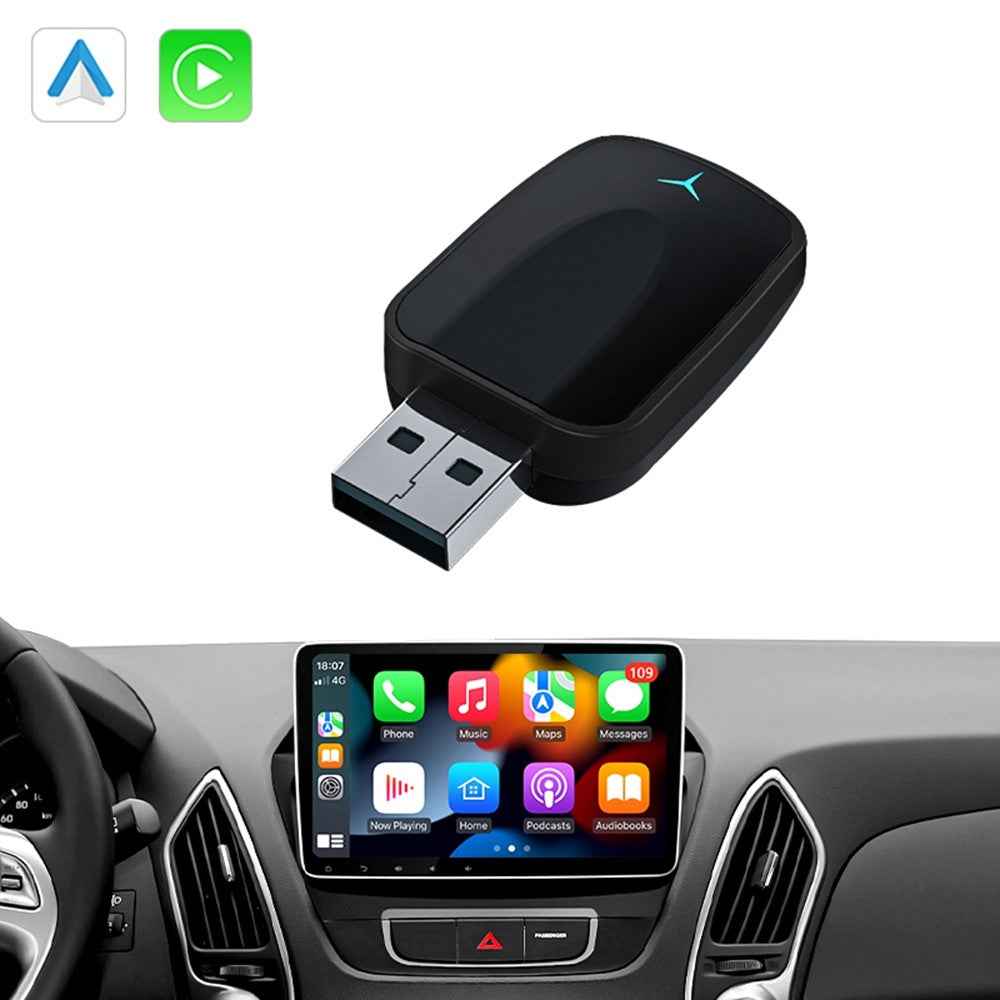 AB051E 2 in 1 CarPlay Android Auto Wireless Adapter Bluetooth-Compatible WiFi Connection USB Dongle - Black