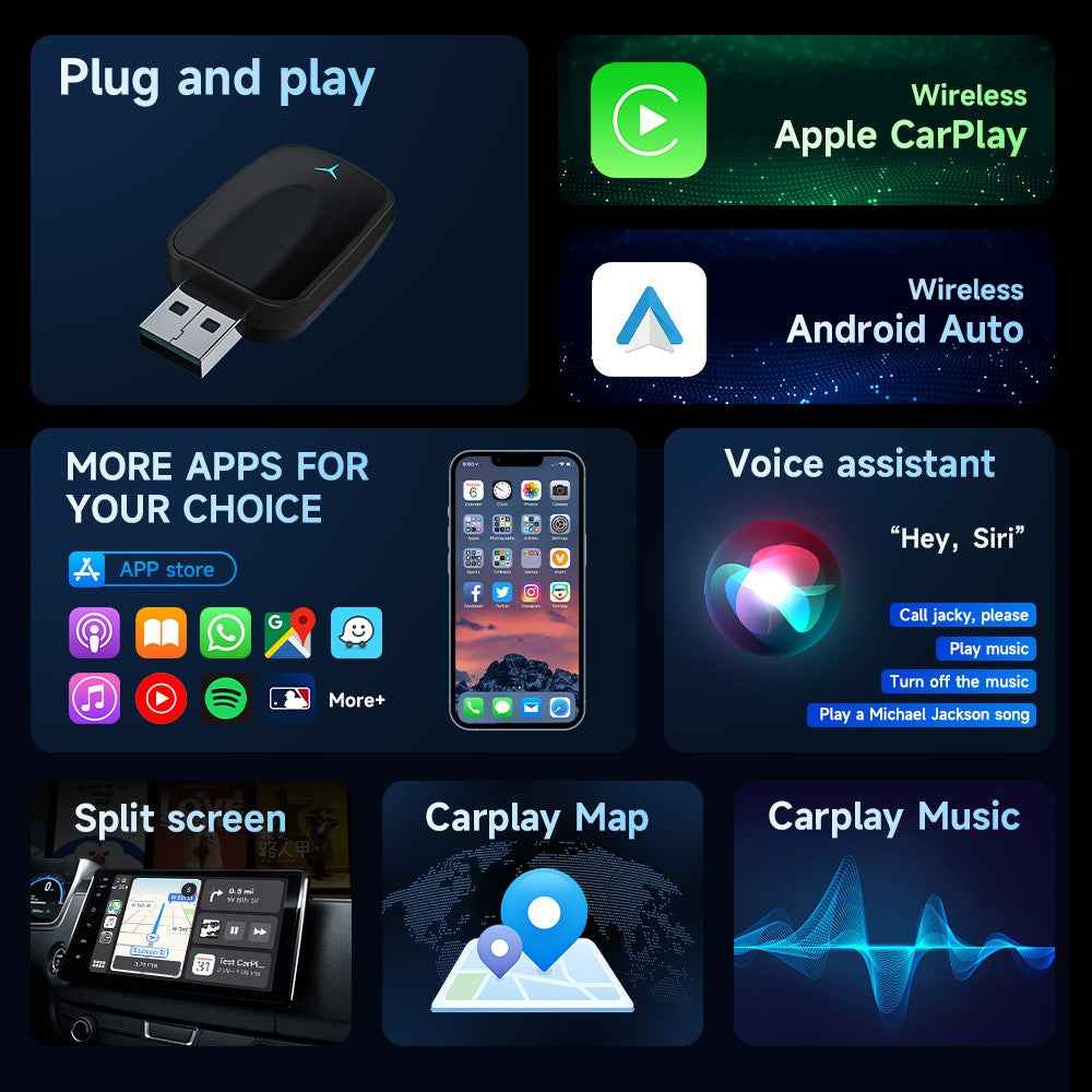 AB051E 2 in 1 CarPlay Android Auto Wireless Adapter Bluetooth-Compatible WiFi Connection USB Dongle - Black
