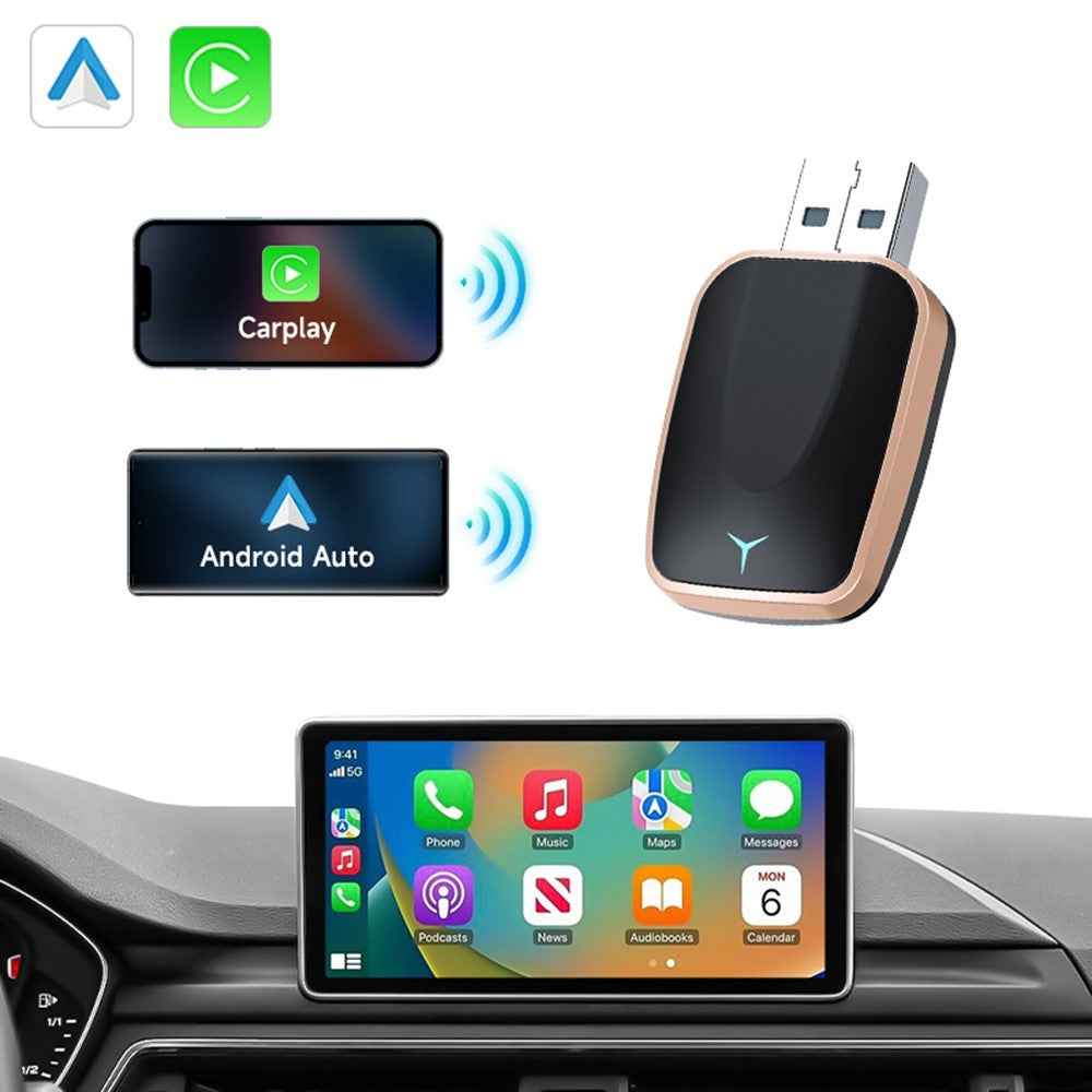 AB051E 2 in 1 CarPlay Android Auto Wireless Adapter Bluetooth-Compatible WiFi Connection USB Dongle - Rose Gold