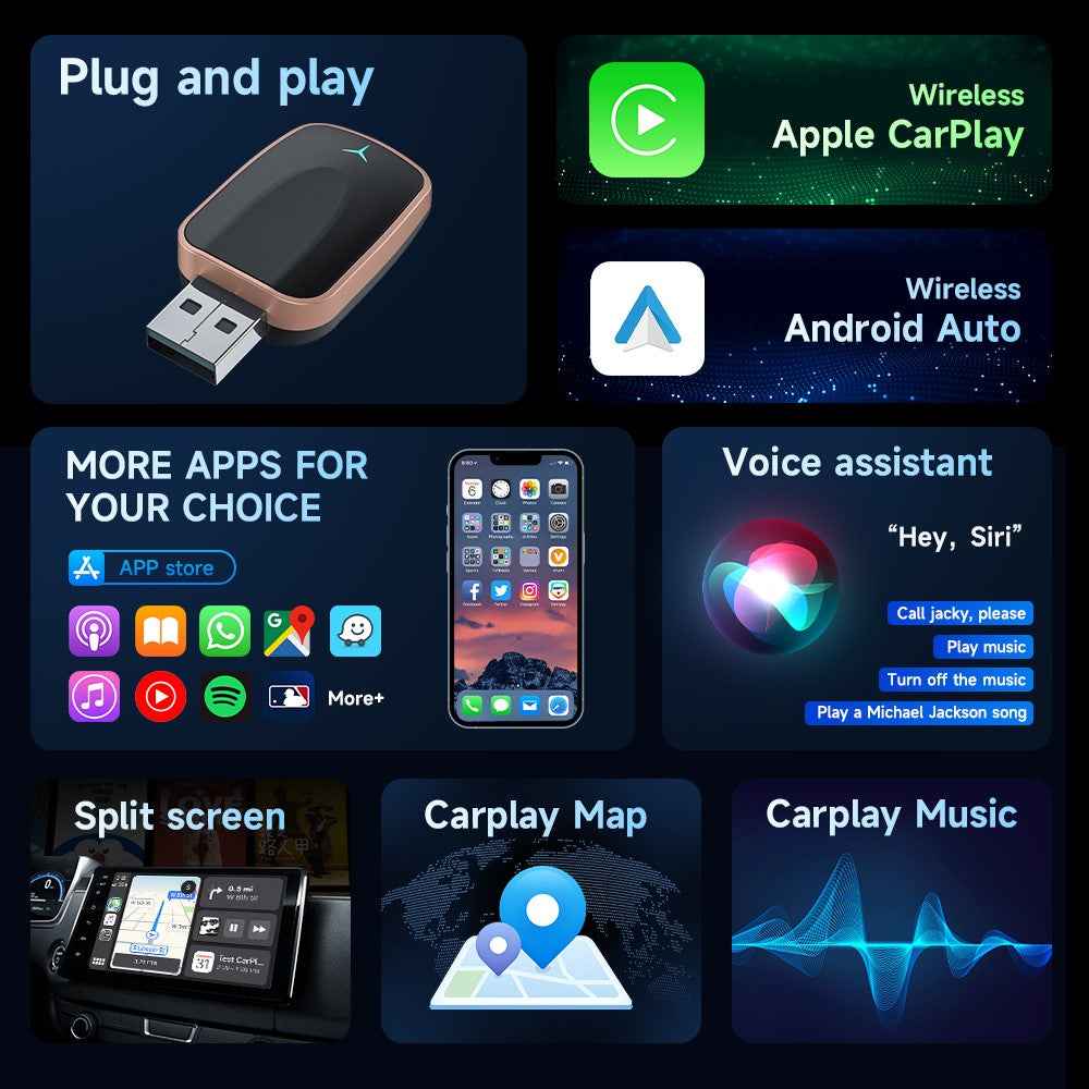 AB051E 2 in 1 CarPlay Android Auto Wireless Adapter Bluetooth-Compatible WiFi Connection USB Dongle - Rose Gold
