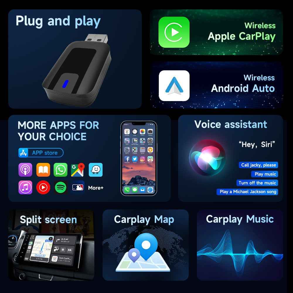 AB025-E CarPlay Android Auto 2 in 1 Wireless Adapter Bluetooth-Compatible WiFi Wired to Wireless Car Converter
