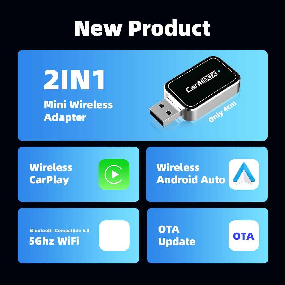 EC09-SI-C USB Mini Wired to Wireless CarPlay Android Auto Adapter 2 in 1 Car Connectivity Box - Silver