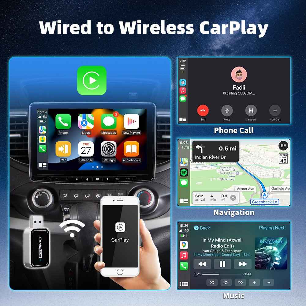 EC09-SI-C USB Mini Wired to Wireless CarPlay Android Auto Adapter 2 in 1 Car Connectivity Box - Silver