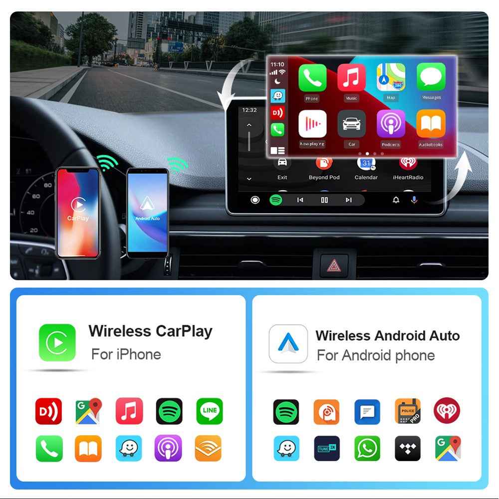EC09-SI-C USB Mini Wired to Wireless CarPlay Android Auto Adapter 2 in 1 Car Connectivity Box - Silver