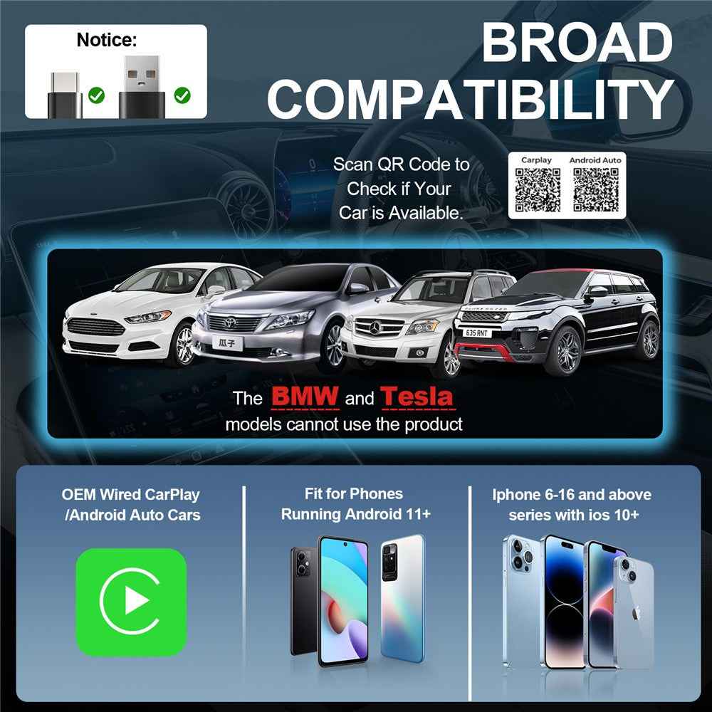 CarPlay Android Auto Wireless Adapter Mini USB Dongle with Lanyard 2 in 1 Car Connectivity Box