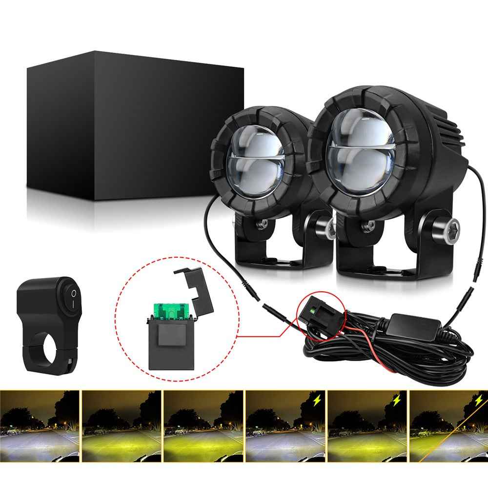 SK2 2Pcs 6 Modes Dual Lens Motorcycle LED Spotlight High Low Beam Headlight with Control Wire Kit