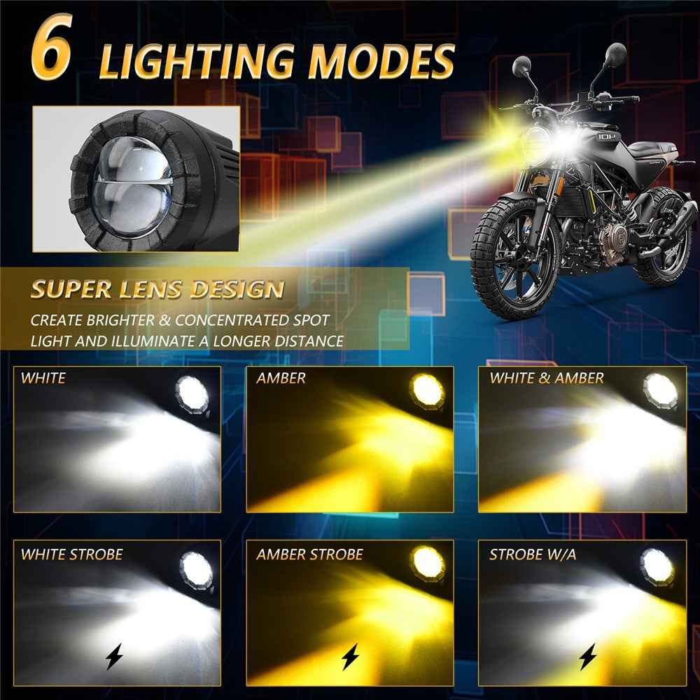 SK2 2Pcs 6 Modes Dual Lens Motorcycle LED Spotlight High Low Beam Headlight with Control Wire Kit