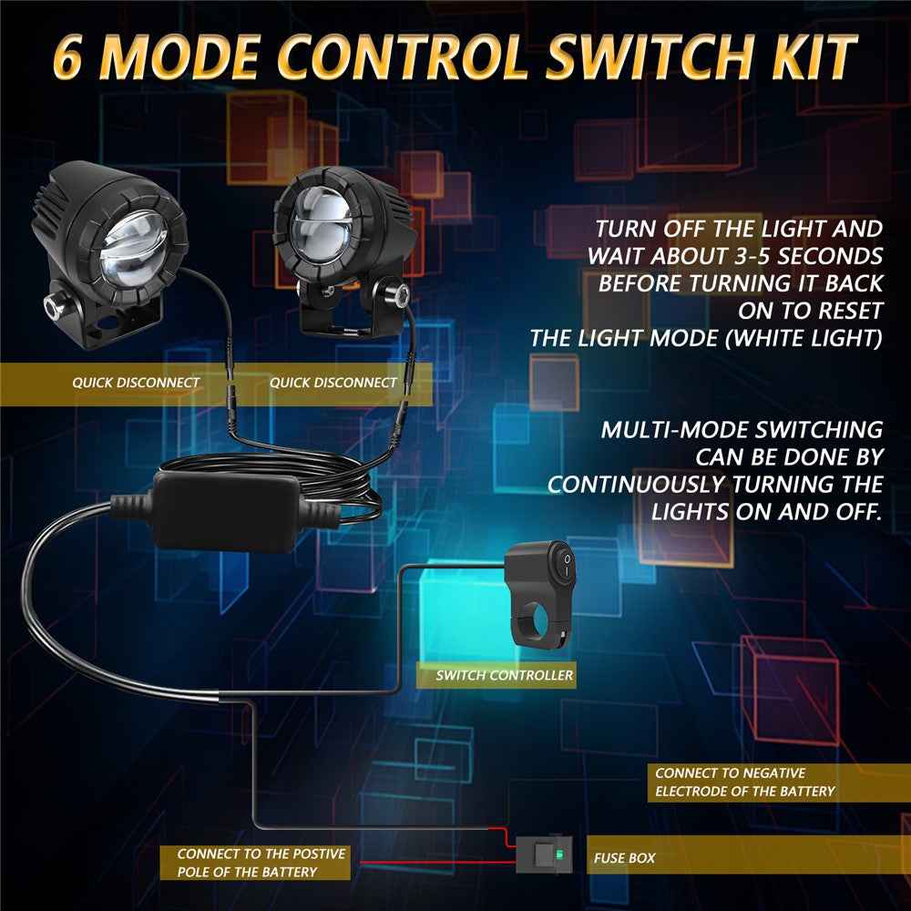 SK2 2Pcs 6 Modes Dual Lens Motorcycle LED Spotlight High Low Beam Headlight with Control Wire Kit