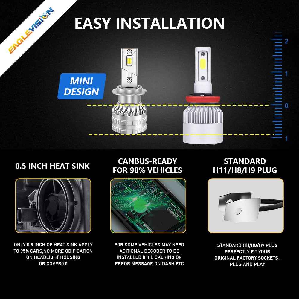 K9S 1 Pair H7 LED Headlight Bulbs 6000K IP68 Waterproof Aluminum Alloy Car Headlamps