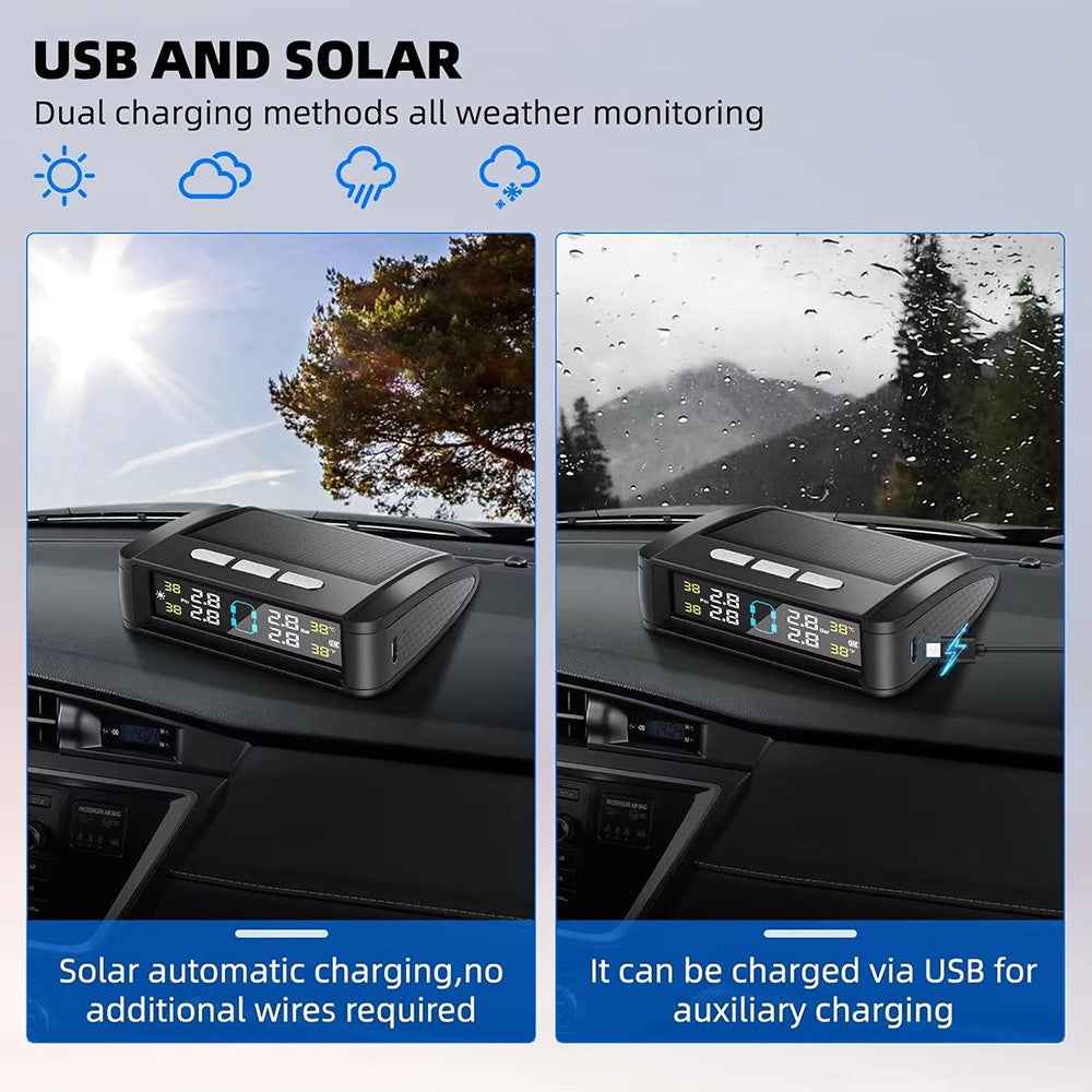T11 Voice Version Solar  /  USB Dual Power Real Time Display TPMS Tire Pressure Monitoring System with 4 External Sensor