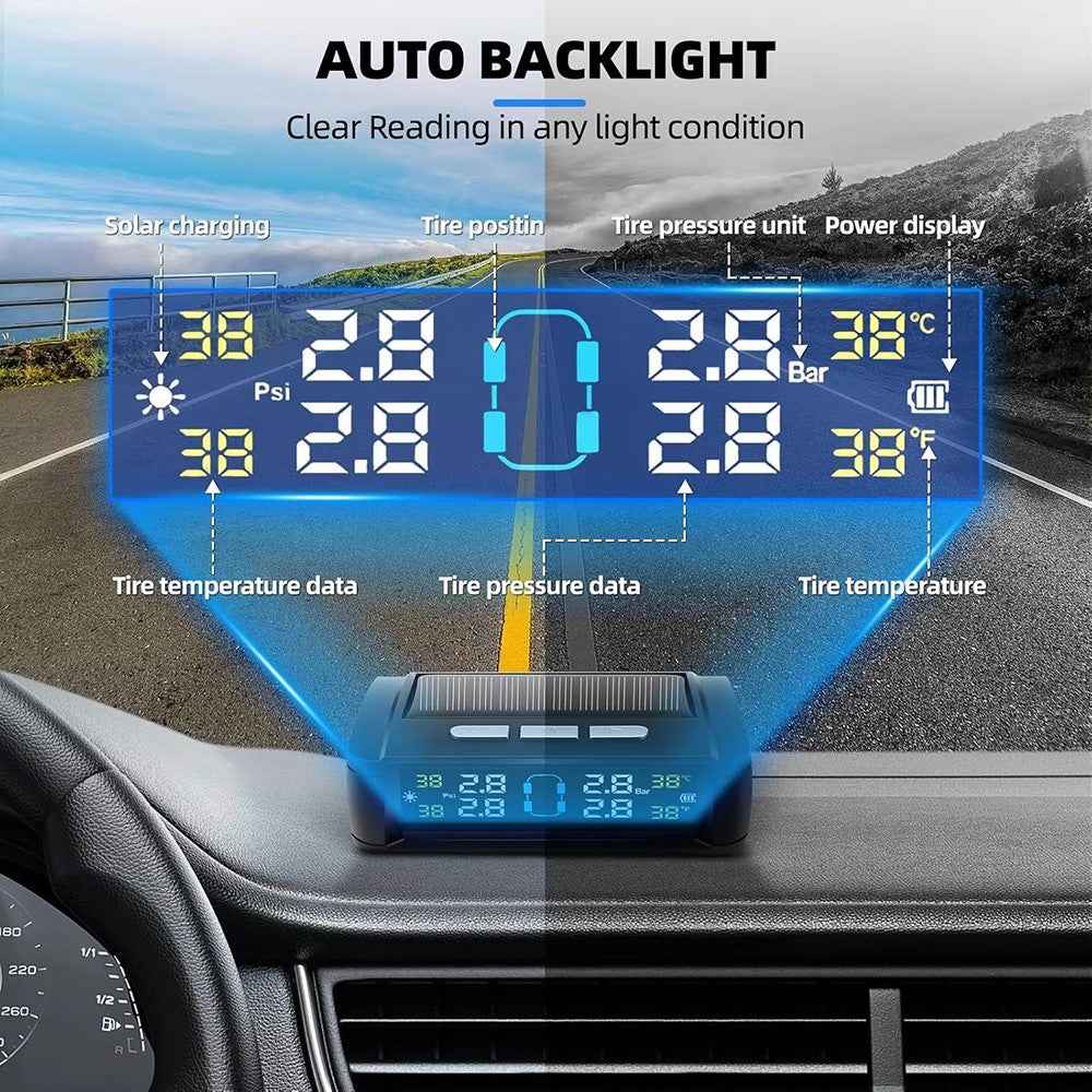 T11 Voice Version Solar  /  USB Dual Power Real Time Display TPMS Tire Pressure Monitoring System with 4 External Sensor