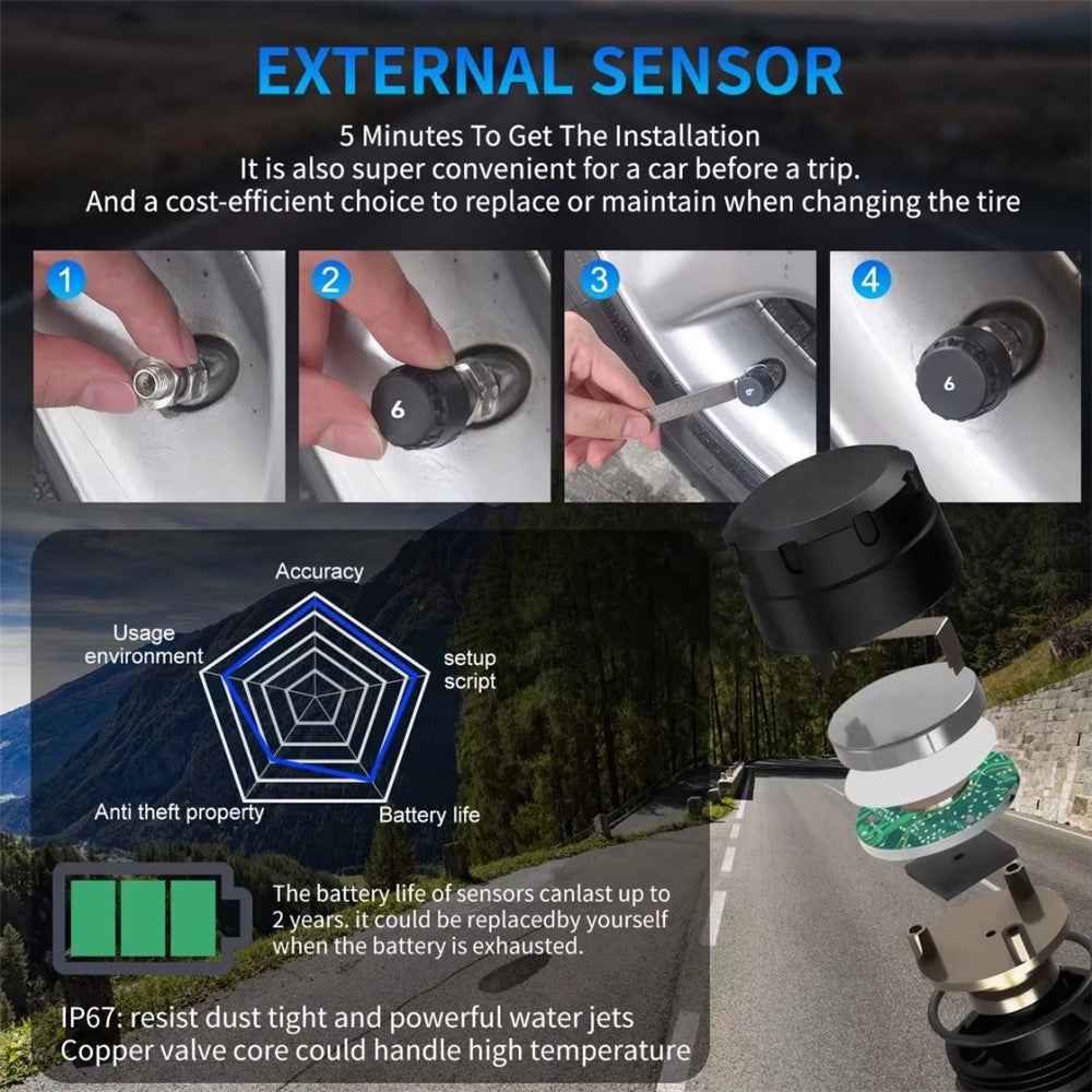 T12 6 Tires TPMS for RV Truck 0-144 PSI Car Tire Pressure Monitoring System, with 6 External Sensors