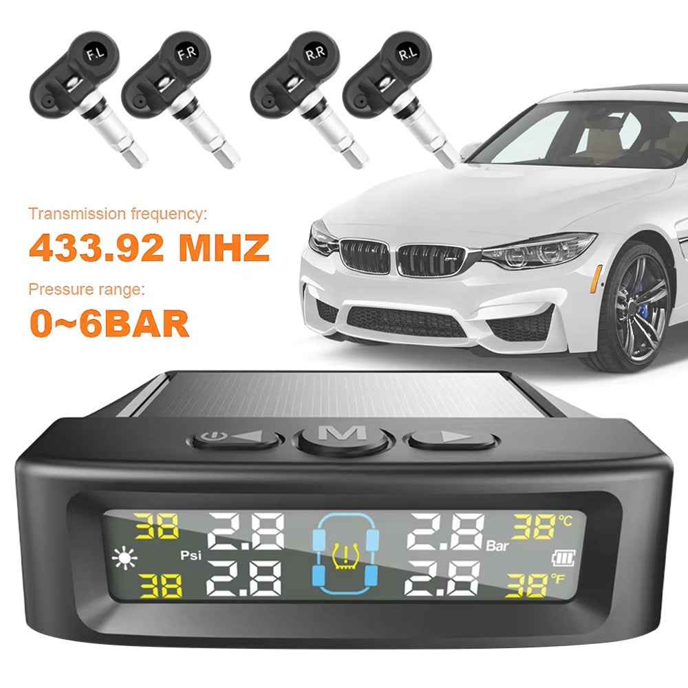 T12 TPMS Tire Pressure Monitoring System for Cars Real Time Display Solar  /  USB Charging with 4 Internal Sensors