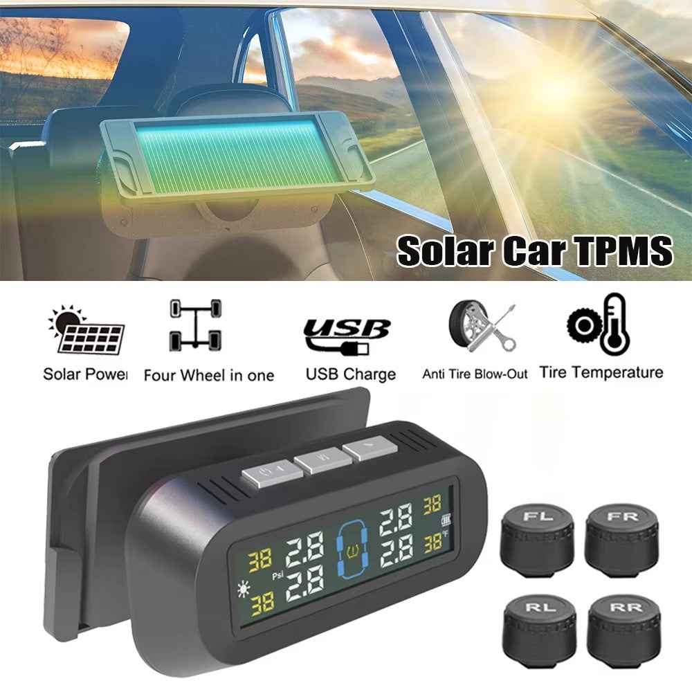 T13 Car TPMS Real Time Display Solar  /  USB Charging Tire Pressure Monitoring System with 4 External Sensors