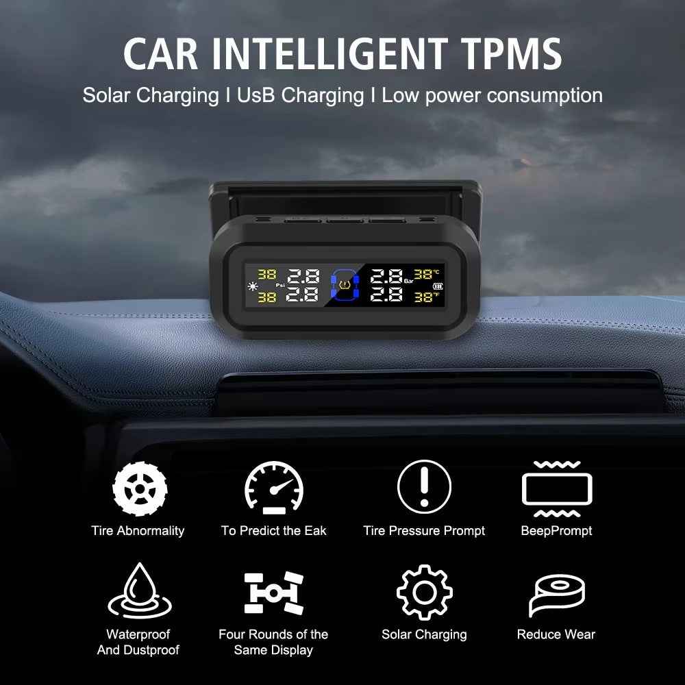 T13 Car TPMS Real Time Display Solar  /  USB Charging Tire Pressure Monitoring System with 4 External Sensors