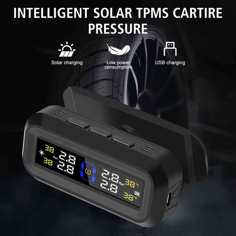 T13 Car TPMS Real Time Display Solar  /  USB Charging Tire Pressure Monitoring System with 4 External Sensors