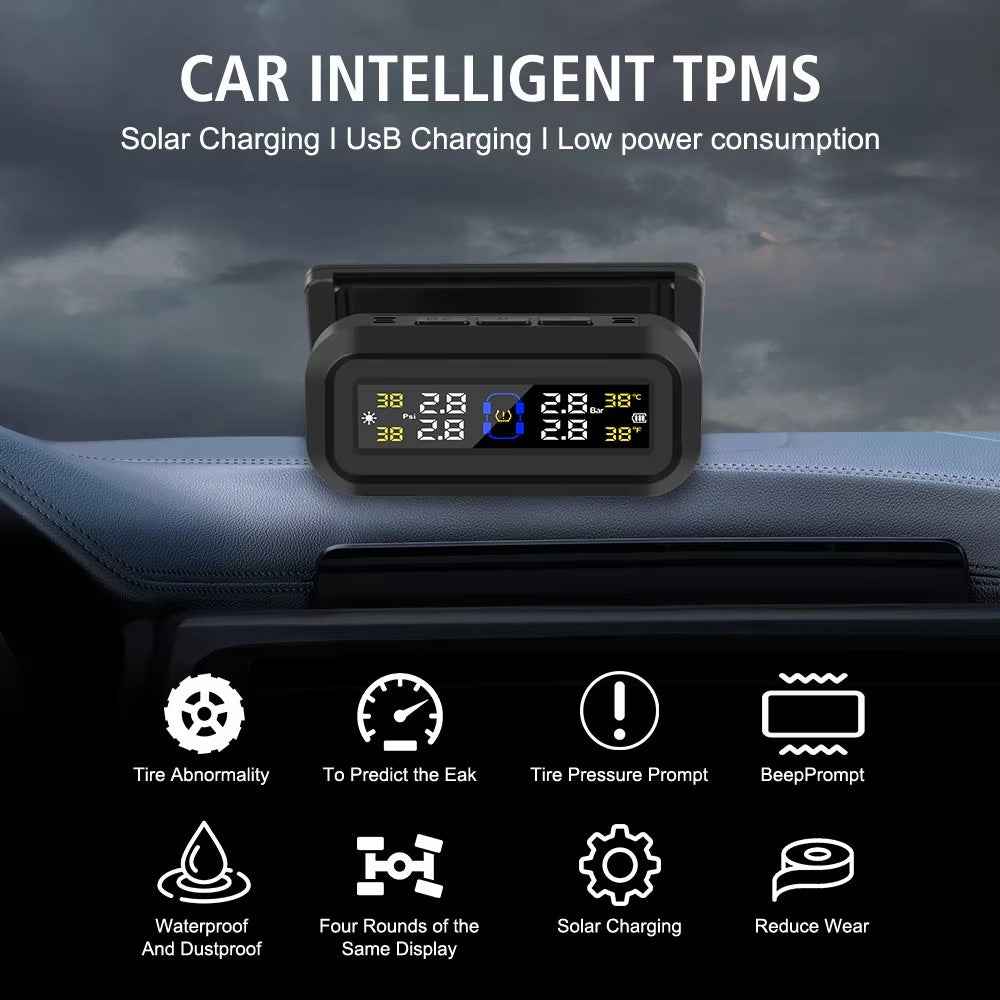 T13 Car TPMS Real Time Display Solar  /  USB Charging Tire Pressure Monitoring System with 4 Internal Sensors