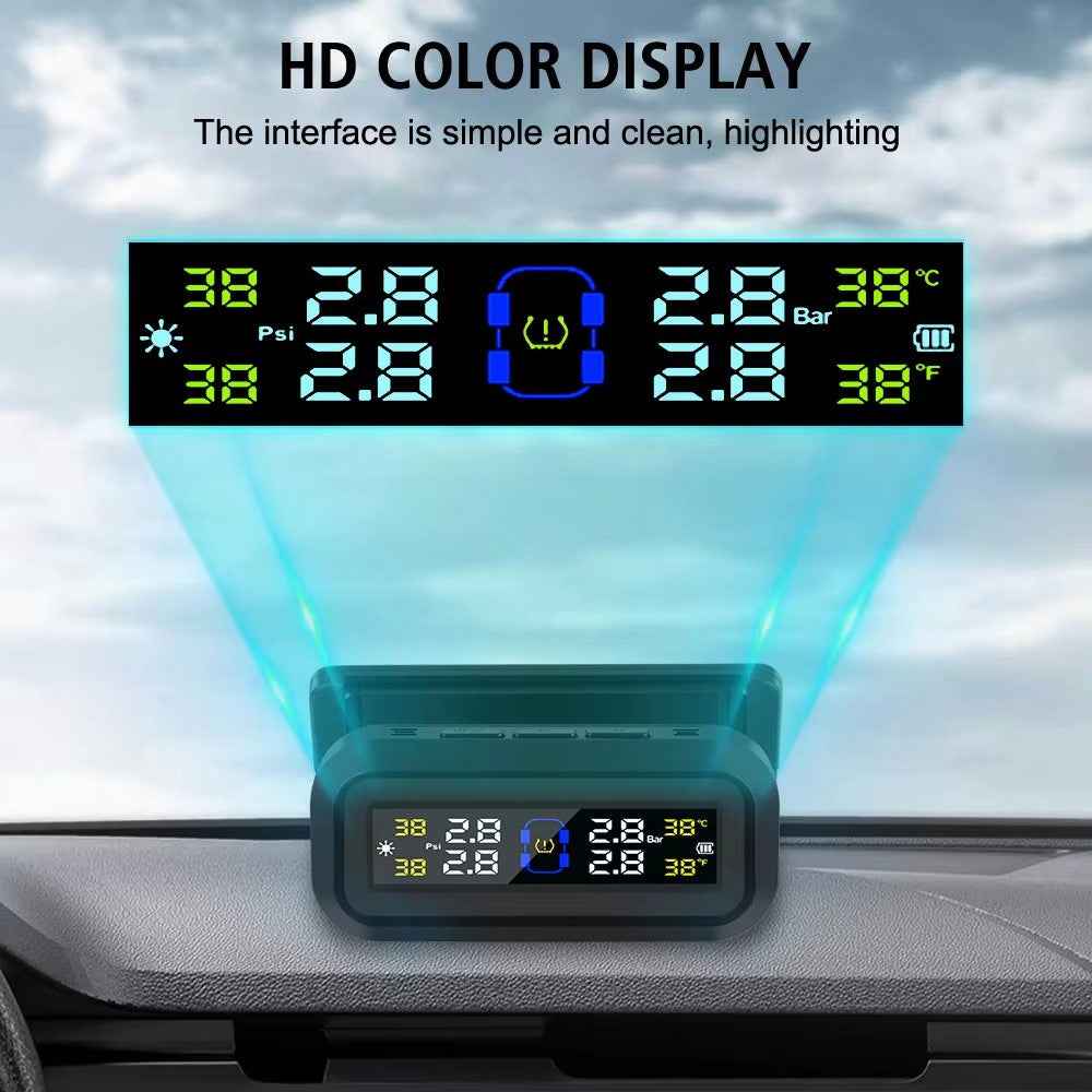 T13 Car TPMS Real Time Display Solar  /  USB Charging Tire Pressure Monitoring System with 4 Internal Sensors
