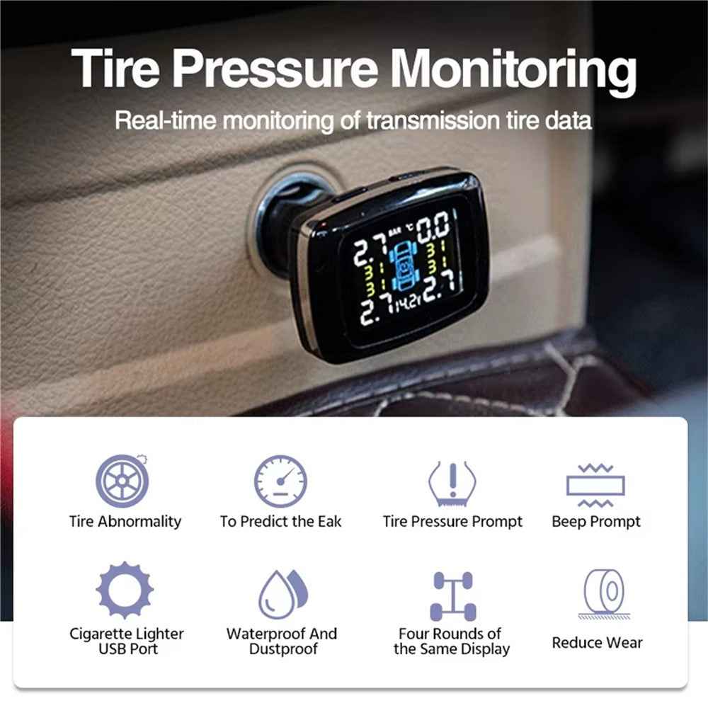 TY09 Car Tire Pressure Monitor TPMS Cigarette Lighter Real-Time Monitoring Device with 4 External Sensors