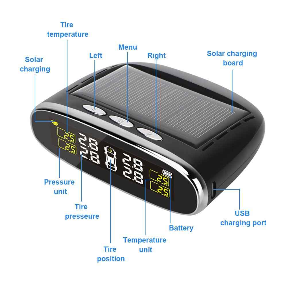 TY07 Solar Powered TPMS Wireless Car Tire Pressure Monitoring System with 4 External Sensors