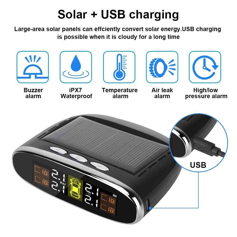 TY07 Solar Powered TPMS Wireless Car Tire Pressure Monitoring System with 4 Internal Sensors